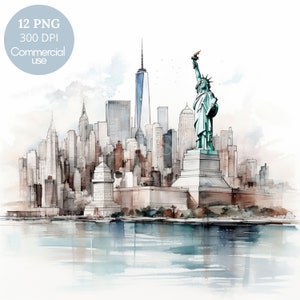PNG clipart dello skyline di New York, bundle 12 di alta qualità, inchiostro nero di paesaggio urbano, adesivi stampabili, download digitale, creazione di cartoline, supporti misti/430