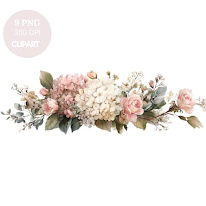 May include: Watercolor floral clipart featuring a variety of flowers in shades of pink, white, and green. The arrangement includes roses, hydrangeas, and other delicate blooms, with the text "9 PNG 300 DPI CLIPART" in a pink circle.
