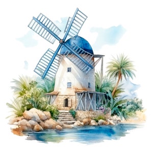 Moulins à vent côte de la mer Clipart PNG, lot de 15 JPG haute qualité, téléchargement numérique, autocollants, fabrication de cartes, techniques mixtes, création numérique en papier | 76