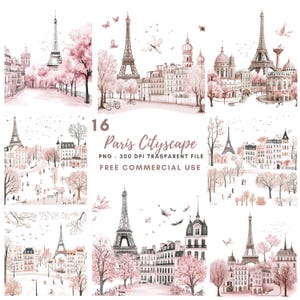 May include: A set of 16 digital illustrations of Parisian cityscapes featuring the Eiffel Tower, pink cherry blossoms, and buildings. The illustrations are in a watercolour style and have a soft, romantic feel. The text "Paris Cityscape" is included in the image. PNG - 300 DPI TRANSPARENT FILE FREE COMMERCIAL USE.