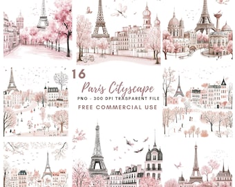 Paris Cityscape Clipart PNG,Bundle 16 High Quality,Watercolor Pink City Paris,Printable Stickers Goodnotes, Digital Download | 659