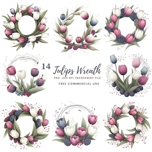 Tulips Wreath Flower Clipart Bundle 14 High Quality PNG, Watercolor Floral Bouquet,Printable Stickers Goodnotes| Digital Download| 805
