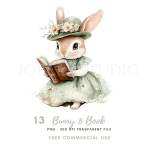 Lapin avec livre Clipart PNG Bundle 13 haute qualité, lecture lapin aquarelle | Téléchargement numérique | Stickers imprimables Goodnotes | 767