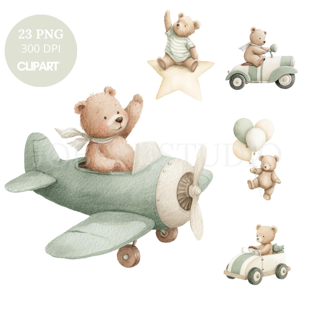 Green Teddy Bear Nursery Clipart PNG Bundle 23 High Quality| Watercolor ...