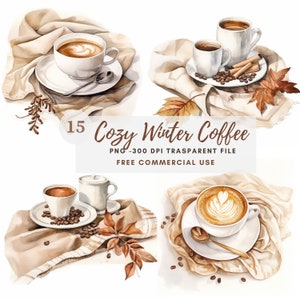 Può includere: Quattro illustrazioni ad acquerello di tazze di caffè su uno sfondo beige con chicchi di caffè, bastoncini di cannella e foglie autunnali. Il testo "15 Cozy Winter Coffee PNG - 300 DPI Transparent File FREE COMMERCIAL USE" è in alto nell'immagine.