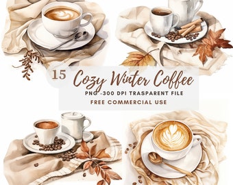 Cozy Winter Coffee Clipart PNG,Bundle 15 High Quality JPG,Watercolor Digital Download,Card Making,Digital Paper Craft,Stickers|131