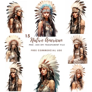 Femme amérindienne Clipart PNG Bundle 15 de haute qualité, fille aquarelle, autocollant imprimable, téléchargement numérique, fabrication de cartes, papier numérique | 299