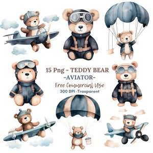 Miś Aviator Clipart PNG Bundle 15 Wysokiej Jakości JPG, Pobieranie Cyfrowe, Naklejki, Tworzenie Kartek, Media Mieszane, Cyfrowe Rzemiosło Papierowe|43