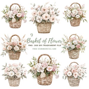Pacchetto di clipart di fiori di cestino 9 PNG di alta qualità/ Bouquet di fiori ad acquerello/ Adesivi stampabili Goodnotes/ Download digitale/ 759
