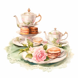 Clipart colazione vittoriana, bundle 13 PNG di alta qualità, tazza di tè ad acquerello, download digitale, creazione di cartoline, supporti misti, artigianato in carta digitale/379