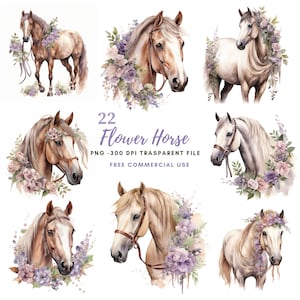Flower Horse Clipart PNG Bundle 22 Alta Qualidade | Cavalo Aquarela | Adesivos Imprimíveis Goodnotes | Download Digital | Artesanato em Papel Digital | 763