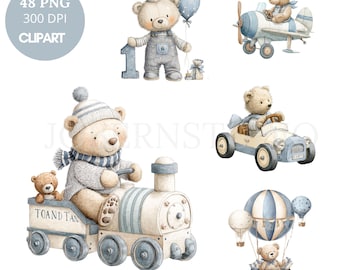 May include: Watercolor clipart set featuring teddy bears in various vehicles and settings. Includes a bear with a balloon, a bear in a plane, a bear driving a car, a bear on a train, and a bear in a hot air balloon. The text "48 PNG 300 DPI CLIPART" is included.
