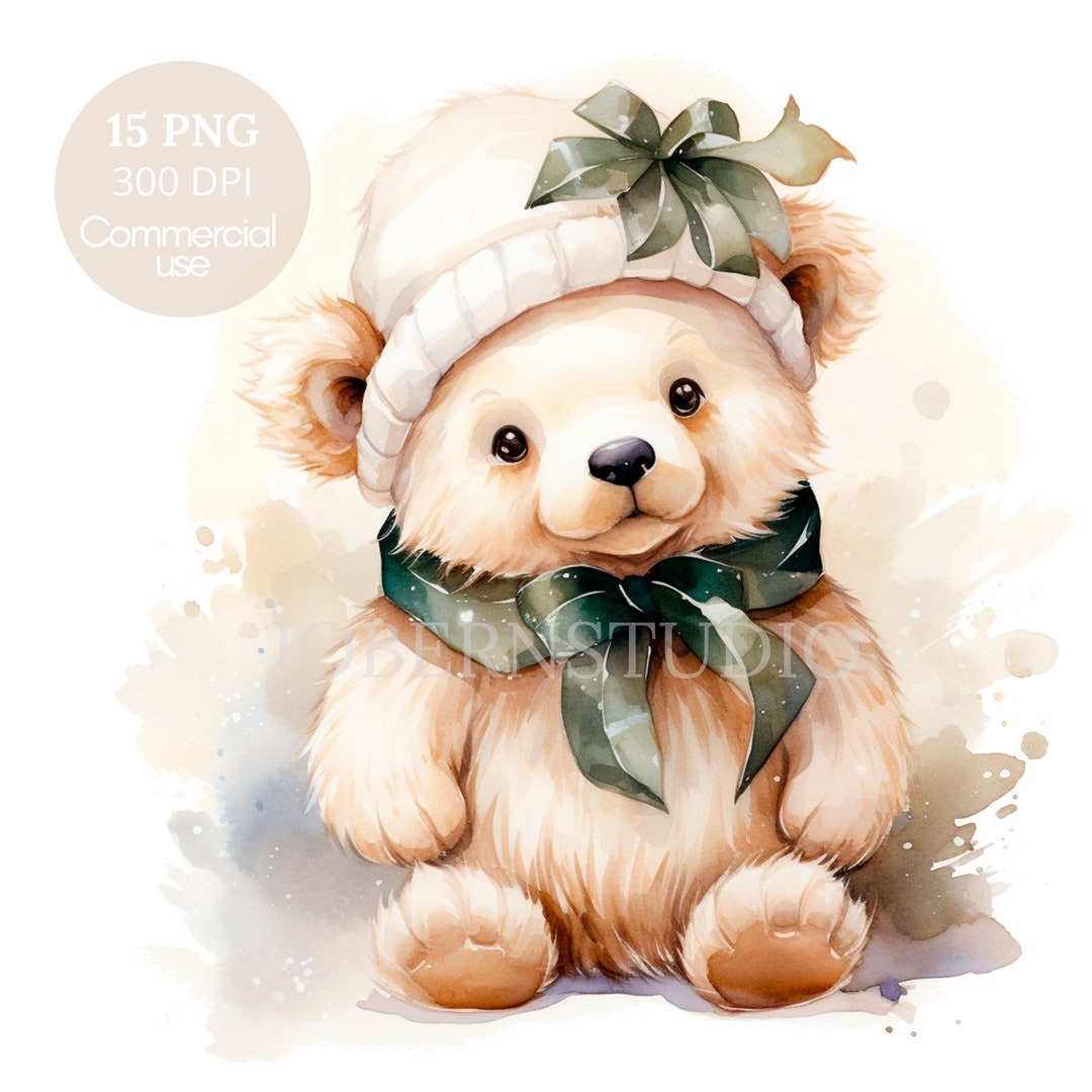 Christmas Teddy Bear, Watercolor Clipart PNG,15 High Quality Jpgs ...