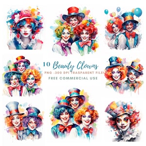 Clipart de palhaços PNG, pacote 10 de alta qualidade, mulher de circo em aquarela, download digital, fabricação de cartões, artesanato em papel digital, adesivos para impressão | 214
