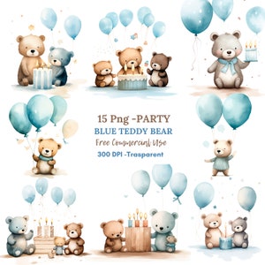 Teddy Bear Party Watercolor Clipart PNG,Bundle 15 High Quality JPGs,Digital Download,Card Making,Mixed Media, Digital Paper Craft| 59