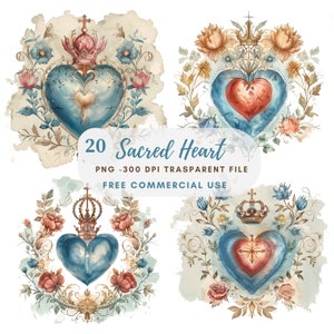 Pacchetto di clipart del Sacro Cuore 20 PNG di alta qualità, acquerello Gesù Maria, download digitale, creazione di cartoline, supporti misti, artigianato in carta digitale/ 233