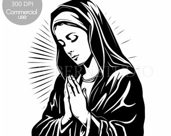 Puede incluir: Ilustración en blanco y negro de una mujer con un pañuelo en la cabeza y una túnica con las manos juntas en oración. Ella mira hacia abajo con los ojos cerrados.