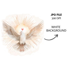 May include: A white dove with outstretched wings, surrounded by a golden halo, with a small red heart above its head. The dove is a symbol of peace and love.