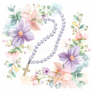 Pacchetto di clipart rosario fiore 20 PNG di alta qualità, acquerello croce, adesivo, download digitale, creazione di cartoline, supporti misti, artigianato in carta digitale/ 242