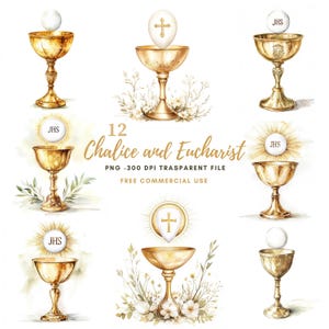 Primeira Comunhão Clipart PNG, Pacote 12 Alta Qualidade, Aquarela Jesus Eucaristia e Cálice, Adesivos Imprimíveis Goodnotes, Download Digital|781