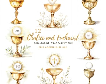 First Communion Clipart PNG,Bundle 12 High Quality,Watercolor Jesus Eucharist and Chalice,Printable Stickers Goodnotes, Digital Download|781