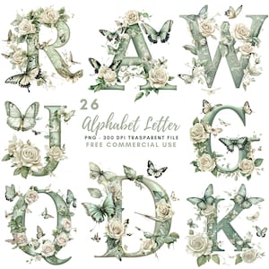 Paquete de 26 imágenes prediseñadas de letras del alfabeto floral PNG de alta calidad, mariposas con letras de acuarela, pegatinas imprimibles Goodnotes, descarga digital/ 675
