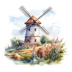 Moulins à vent Provence Clipart PNG, lot de 15 JPG haute qualité, téléchargement numérique, autocollants imprimables, fabrication de cartes, techniques mixtes, créations numériques en papier | 77