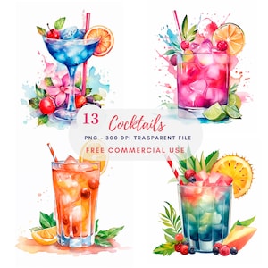Clipart di cocktail, pacchetto 13 PNG di alta qualità, bevande ad acquerello, adesivi stampabili, download digitale, creazione di cartoline, creazione digitale con la carta/381