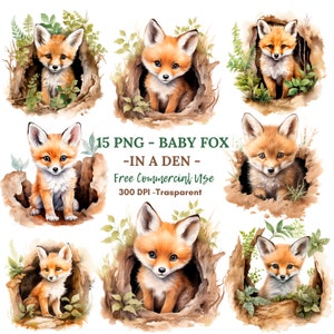 Baby Fox in Den Clipart PNG,Bundle 15 JPG de haute qualité, Téléchargement numérique, Autocollants, Fabrication de cartes, Médias mixtes, Artisanat en papier numérique| 78