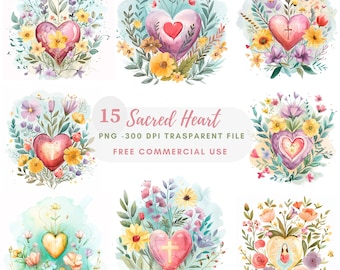 Sacred Heart Clipart Bundle 15 High Quality PNG, Watercolor Jesus Mary, Digital Download,Card Making,Mixed Media,Digital Paper Craft| 263