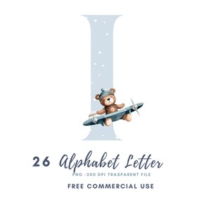 May include: A watercolour illustration of the letter 'I' in pale blue, adorned with white hearts. A brown teddy bear in a hat pilots a blue aeroplane. Text at the bottom reads '26 Alphabet Letter' and 'Free Commercial Use'.