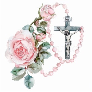 Pacchetto di clipart rosario di fiori 18 PNG di alta qualità, croce acquerello, adesivo, download digitale, creazione di carte, supporti misti, artigianato in carta digitale/ 237
