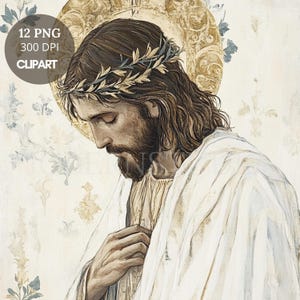 Paquete de 15 imágenes prediseñadas de Jesucristo de alta calidad, PNG/Acuarela vintage, Jesús orando, pegatinas imprimibles, Goodnotes, descarga digital, 793