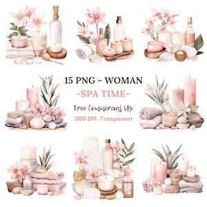 Bundle de 15 cliparts l'heure du spa PNG haute qualité, décoration de salle de bain, téléchargement numérique, fabrication de cartes, techniques mixtes, créations numériques en papier, autocollants | 99