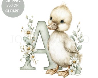 May include: A watercolour illustration featuring a baby duckling and the letter "A". The duckling is depicted in shades of light yellow and white, with a light green letter and floral embellishments. The image includes the text "26 PNG 300 DPI CLIPART".