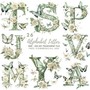 Paquete de 26 imágenes prediseñadas de letras del alfabeto floral PNG de alta calidad, mariposas con letras de acuarela, pegatinas imprimibles Goodnotes, descarga digital/ 675