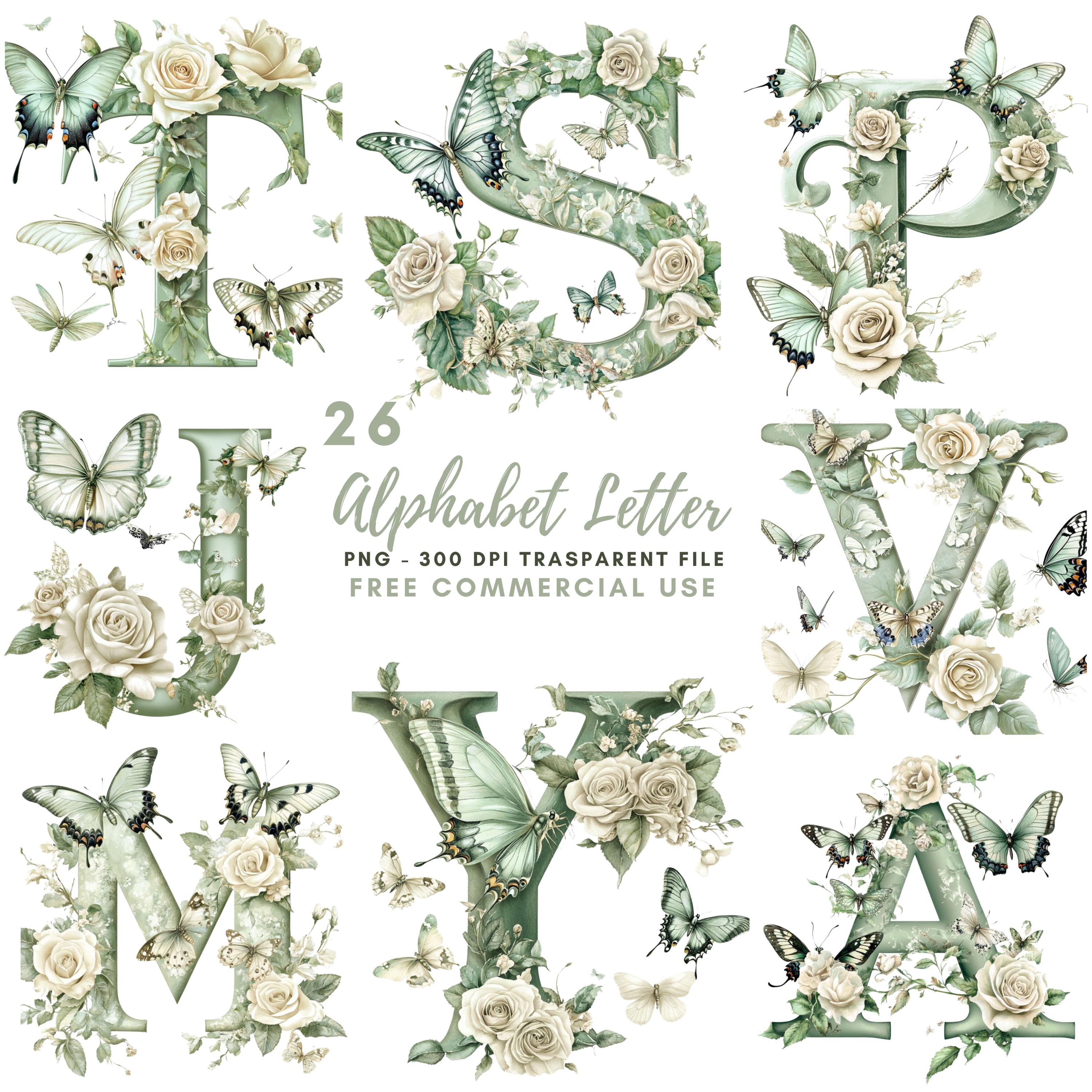 Floral Alphabet Letter Clipart Bundle 26 High Quality PNG, Watercolor Letter Butterflies,Printable Stickers Goodnotes, Digital Download| 675