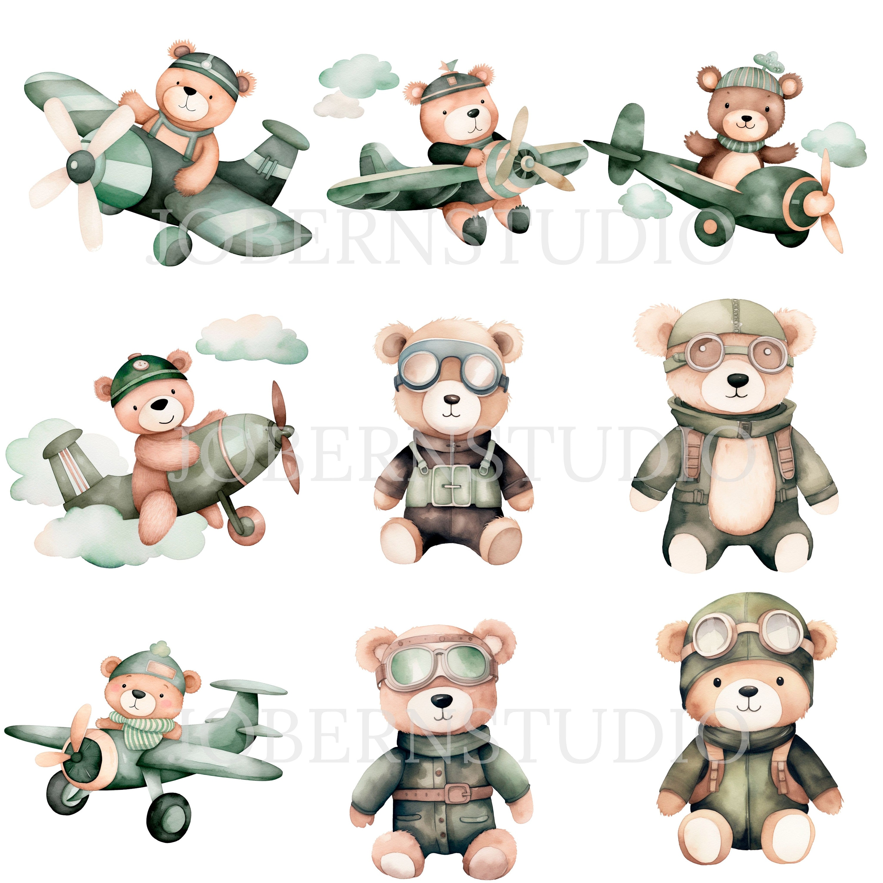 Teddy Bear Aviator Clipart PNG Bundle 15 High Quality Jpg,digital