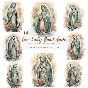 Clipart Nostra Signora Guadalupe, Bundle 14 PNG di alta qualità, Vergine Maria dell'acquerello, Download digitale, Creazione di cartoline, Supporti misti, Carta digitale/370
