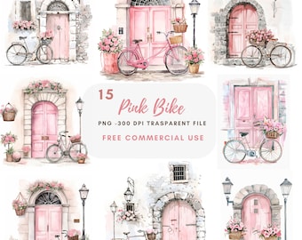 May include: A set of 15 digital illustrations featuring pink bicycles parked in front of pink doors with floral accents. The illustrations are in a watercolor style and have a vintage aesthetic. The text "15 Pink Bike" is included in the image.