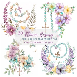 Pacchetto di clipart rosario fiore 20 PNG di alta qualità, acquerello croce, adesivo, download digitale, creazione di cartoline, supporti misti, artigianato in carta digitale/ 242