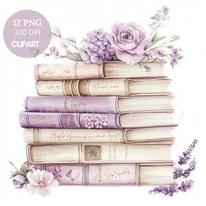 May include: A watercolour illustration of a stack of old books in lavender, cream, and gold, decorated with flowers. The books have gold lettering and floral details. The image includes the text "12 PNG 300 DPI CLIPART".