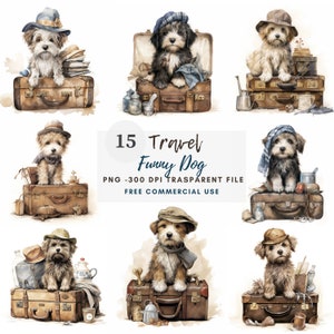 Crazy Dog Clipart PNG Bundle 15 JPG de alta calidad, perros de viaje divertidos, descarga digital, fabricación de tarjetas, medios mixtos, artesanía de papel digital / 125