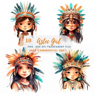 Aquarelle fille aztèque Clipart PNG, lot de 10 haute qualité, téléchargement numérique, fabrication de cartes, création numérique en papier, autocollant imprimable | 274
