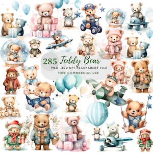 Teddy Bear Baby Shower Clipart PNG,285 High Quality JPGs,Aviator Teddy Bear, Watercolor Baby Party, Card Making, Digital Paper Craft|169