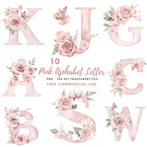 Paquete de 26 imágenes prediseñadas de letras del alfabeto floral de alta calidad PNG, letras de acuarela rosa, pegatinas imprimibles Goodnotes, descarga digital/ 663