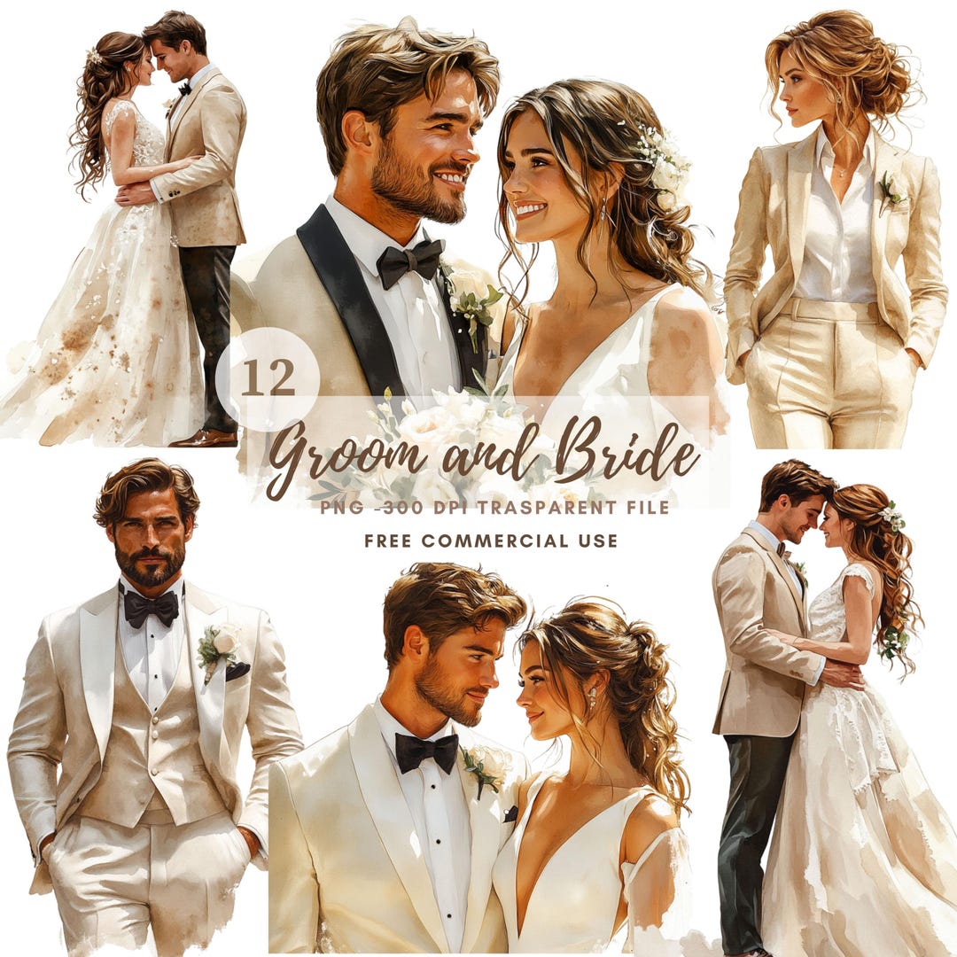 Watercolor Wedding Groom and Bride 12 Clipart PNG| Beige Bride and ...