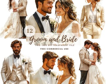 May include: A digital illustration of 12 watercolor-style images of couples in wedding attire. The images are set against a white background. The text "Groom and Bride" is written in a brown font with a decorative border. The text "PNG - 300 DPI TRANSPARENT FILE FREE COMMERCIAL USE" is written in a smaller font below the title.