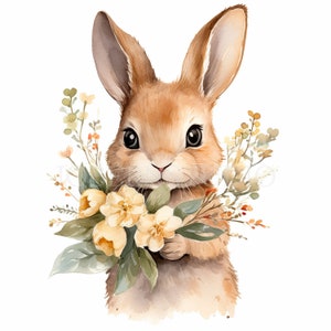 Bunny with Flower Clipart PNG Bundle 11 High Quality, Watercolor Rabbit,Digital Download,Card Making,Mixed Media,Digital Paper Craft|268
