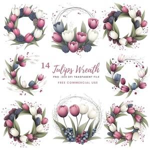 Tulips Wreath Flower Clipart Bundle 14 High Quality PNG, Watercolor Floral Bouquet,Printable Stickers Goodnotes| Digital Download| 805